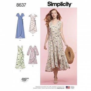 Könnte beinhalten: Das Simplicity-Schnittmuster 8637 enthält eine Nähanleitung für ein Wickelkleid mit verschiedenen Ärmellängen und Saumstilen. Das Muster zeigt Illustrationen von vier Kleidervarianten in einfarbigem Blau und mit Blumenmustern.