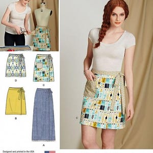 May include: A sewing pattern for a wrap skirt with a tie end, a shaped waistband, a patch pocket, and trim. The pattern includes instructions for cutting, sewing, and applying trim. The pattern is designed for beginners and includes basic sewing skills. The pattern is from Simplicity and is part of their Learn to Sew series.