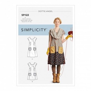 Könnte beinhalten: Simplicity Schnittmuster Nummer S9122 für ein Dottie Angel Kleid. Das Schnittmuster beinhaltet zwei Variationen des Kleides, eine mit einem einfarbigen Stoff und eine mit einem gemusterten Stoff. Das Model trägt das gemusterte Kleid mit einem grauen Schal und gelben Handschuhen.
