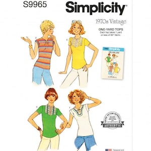 May include: A Simplicity S9965 sewing pattern envelope for 1970s vintage one-yard tops. The cover features illustrations of four different short-sleeved tops in yellow, green, white, and a multi-coloured stripe pattern, each with unique neck details.