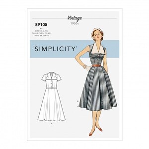 May include: Simplicity sewing pattern S9105 for a 1950s style dress. The pattern envelope features a line drawing of a dress with a wide collar and short sleeves, and an illustration of a person wearing a sleeveless, striped, collared dress.
