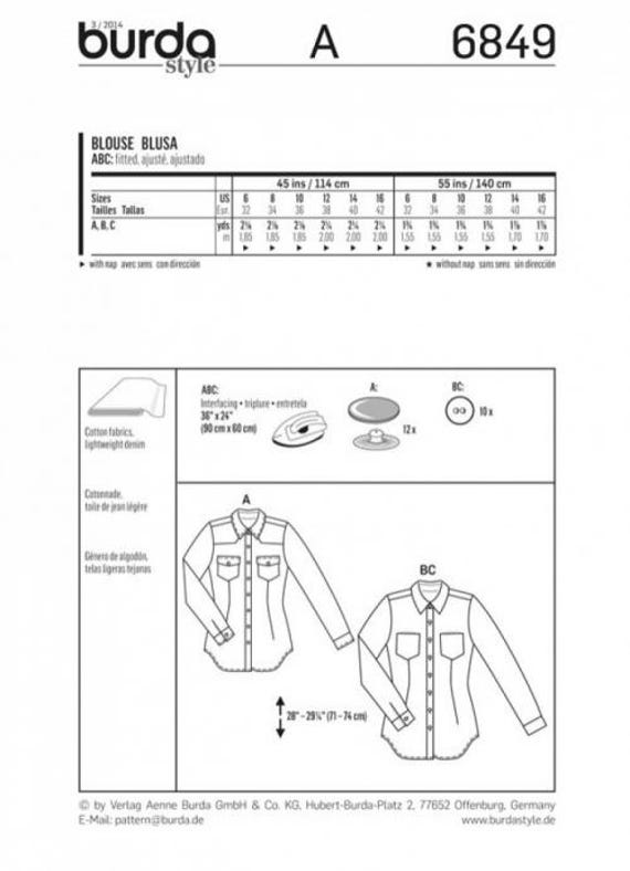Burda Sewing Pattern 6849 Women 6-8-10-12-14-16 Shirts, Tops