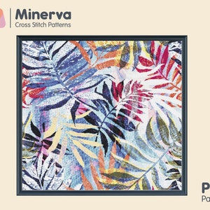 以下が含まれることがあります： 青、赤、黄、緑の熱帯の葉を繰り返すデザインが特徴のカラフルなクロスステッチパターン。パターンは黒いフレームで囲まれ、「PDFパターン」とラベル付けされています。