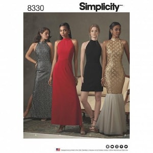 Könnte beinhalten: Das Simplicity-Schnittmuster 8330 zeigt vier ärmellose Kleider mit Neckholder-Ausschnitt. Es gibt ein bodenlanges silbernes Paillettenkleid, ein rotes bodenlanges Kleid, ein schwarzes knielanges Kleid und ein Kleid mit goldenem Paillettenoberteil.