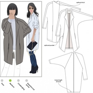 May include: A sewing pattern illustration for a knee-length coat with kimono sleeves. The design features an optional stud closure and optional pockets. The technical drawing shows front and back views, with a medium difficulty level indicated.