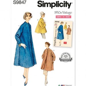 Könnte beinhalten: Eine Simplicity S9847 Schnittmusterhülle mit Manteldesigns im Stil der 1950er Jahre. Das Cover zeigt Illustrationen von drei Mänteln in Blau, Gelb und Braun sowie ein kleineres eingefügtes Bild des ursprünglichen 2376-Schnittmusters.