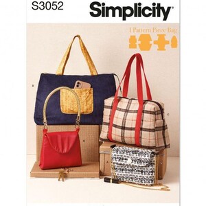 Peut inclure: Patron de couture Simplicity S3052 pour un sac en une pièce. La couverture présente quatre modèles de sacs : un fourre-tout en velours côtelé bleu marine avec une poche jaune, un sac rouge à anse tressée, un sac à carreaux et un sac en tweed noir et blanc.