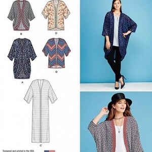 May include: Simplicity 1108 easy-to-sew pattern envelope featuring illustrations and photographs of open-front kimonos or cardigans with various sleeve lengths and patterns, including geometric, floral, and chevron designs in blue, red, and white.