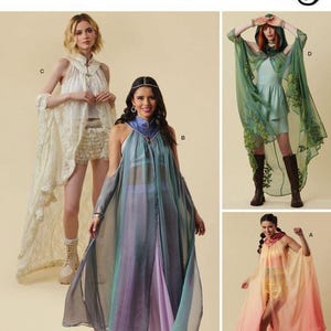 Könnte beinhalten: Das Simplicity Costumes Schnittmuster S3161 zeigt vier Varianten ärmelloser, fließender Kleidungsstücke mit transparenten Überwürfen. Die Designs umfassen ein weißes Spitzen-Set, ein blau-violettes Lagenkleid, einen grünen Kapuzenumhang und ein orangefarbenes Ombre-Cape.