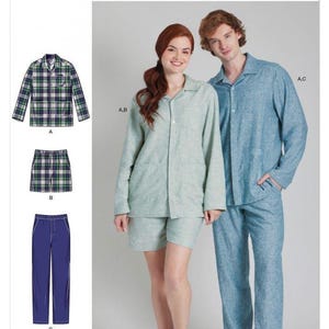 Könnte beinhalten: Simplicity Schnittmuster S3204 für Schlafanzüge, bestehend aus einem langärmeligen Hemd mit Knopfleiste, Kragen und Tasche, kombiniert mit Shorts oder einer langen Hose. Das Muster bietet Optionen für karierten oder einfarbigen Stoff.
