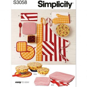 May include: Simplicity S3058 easy-to-sew pattern envelope featuring kitchen textiles including a red and white striped apron, yellow and white checkered oven mitt, pot holders, and bowl covers with cherry prints and red gingham patterns.
