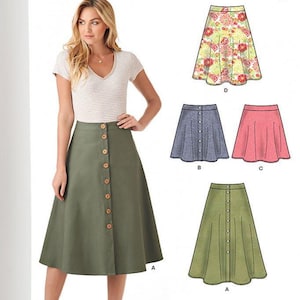 May include: New Look sewing pattern 6346 for an easy-to-make skirt. The pattern features four variations: a floral print skirt, a blue denim-style skirt, a solid pink skirt, and an olive green button-front skirt with a flared, knee-length silhouette.