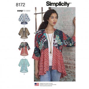 May include: Simplicity sewing pattern 8172 for an easy-to-sew open-front cardigan with three-quarter length sleeves. The pattern includes four variations featuring different fabric prints, including floral, animal, and geometric patterns.