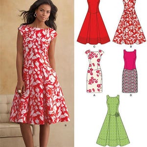 Puede incluir: Patrón de costura New Look 6094 con cinco variaciones de vestido. El modelo muestra un vestido floral rojo y blanco, un vestido rojo sólido, un vestido tubo floral, un vestido de dos colores y un vestido verde de lunares con una flor en la cintura.