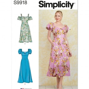 May include: Simplicity sewing pattern S9918 featuring a dress with a sweetheart neckline and puff sleeves. The pattern shows three variations: a green palm leaf print, a solid blue version, and a floral print on a light purple background.