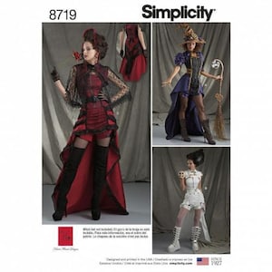 Könnte beinhalten: Das Simplicity-Schnittmuster 8719 zeigt drei Kostümvarianten. Eine ist ein rot-schwarzes Kleid mit Vokuhila-Schnitt und Spitzenärmeln. Eine weitere ist ein lila-schwarzes Kleid mit Vokuhila-Rock und Hexenhut. Die dritte ist ein weißes Outfit.