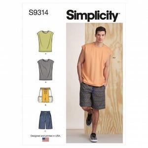 May include: Simplicity sewing pattern S9314 featuring illustrations of sleeveless shirts and shorts. The pattern displays a peach-coloured sleeveless shirt and patterned shorts, with additional options for a lime green shirt, grey shirt, and blue shorts.