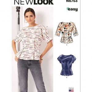 May include: New Look sewing pattern N6753 for a top with a peplum waist and short sleeves. The pattern envelope displays a white top with a multi-coloured dash print, a floral print version, and a solid blue version, all featuring a boat neckline.