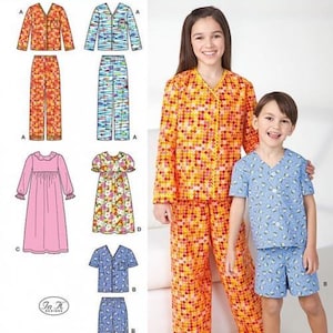 May include: Simplicity 1575 easy-to-sew pattern envelope featuring illustrations of pyjamas and nightgowns. The designs include long-sleeve button-down tops, long trousers, short-sleeve tops, shorts, and nightgowns in various floral and geometric prints.