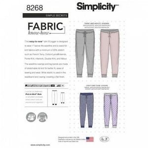 Op de afbeelding: Simplicity naaipatroon 8268 voor joggingbroeken, met illustraties van vier broekstijlen met elastische tailleband en boorden aan de pijpen. Het patroon bevat instructies voor tieners, volwassenen en kinderen, met details over stofvereisten.