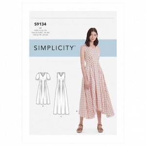 May include: Simplicity sewing pattern S9134 featuring a sleeveless, V-neck dress with a white and red plaid pattern. The pattern envelope displays technical line drawings of two dress variations, one with short puff sleeves and one sleeveless.