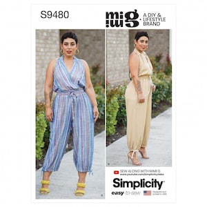 May include: A sewing pattern envelope labelled S9480 by Mimi G and Simplicity. It displays two variations of a sleeveless jumpsuit with a wrap-style bodice, elasticated waist with a tie, and gathered leg cuffs. One version is blue striped, the other is solid tan.