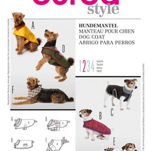 May include: Burda style 7752 sewing pattern for dog coats. The image displays various dog breeds wearing different coat designs labelled A through F, including a yellow raincoat, a green coat, a plaid bandana, and other patterned garments.