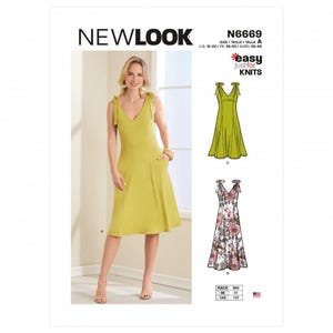 Può includere: Una donna modella un abito midi giallo con scollo a V e spalline annodate. L'abito ha tasche ed è presente su un modello di cucito New Look. Il modello mostra anche un design di abito con stampa floreale. Il testo "easy just for KNITS" è visibile.