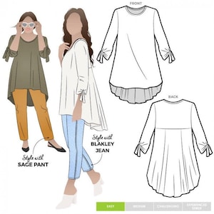 May include: A sewing pattern illustration featuring a long-sleeved tunic with tie-sleeve details and a high-low hem. The graphic displays the tunic in two outfits, one with sage trousers and one with Blakley jeans, alongside front and back technical line drawings.