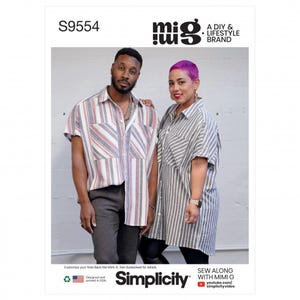 May include: A pattern package with the text "S9554" and "mig A DIY & LIFESTYLE BRAND". The package features two people wearing striped shirts. The Simplicity logo is at the bottom, along with the text "SEW ALONG WITH MIMI G".
