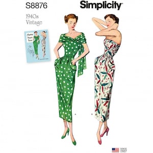 May include: Simplicity sewing pattern S8876 1940s Vintage featuring two dress designs. One is a green dress with white polka dots and a draped shoulder detail. The other is a strapless dress with a white base and a red and green leaf print pattern.