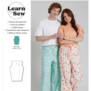 Peut inclure: Pochette de patron Simplicity S3205 Learn to Sew présentant deux pantalons de détente avec taille à cordon. Une paire est vert clair avec un petit motif sombre, et l'autre est blanche avec un imprimé de tasses colorées. Instructions incluses.
