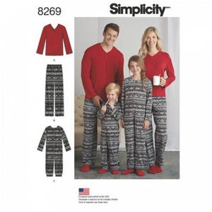 Peut inclure: Patron de couture Simplicity 8269 pour pyjamas assortis. Comprend un haut rouge à manches longues et col en V, un pantalon de détente à motifs noirs et blancs, et une combinaison intégrale à motifs noirs et blancs avec fermeture à boutons.