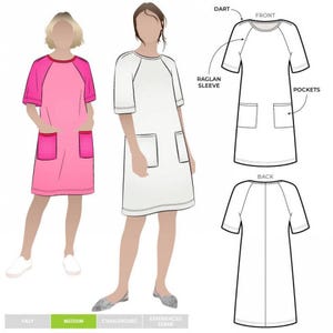 May include: Illustration of a pink raglan sleeve dress with pockets, and a white dress with pockets. The image also shows a front and back view of the dress design. The difficulty level is marked as "medium".