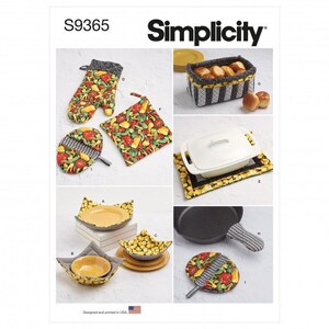 May include: Simplicity pattern S9365 features sewing instructions for kitchen textiles including an oven mitt, pot holders, a fabric bread basket, bowl cozies, a casserole dish mat, and a cast iron skillet handle cover in vegetable and striped prints.