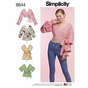 May include: A Simplicity 8644 sewing pattern envelope featuring four variations of a wrap-style top with V-necklines and tie-waist closures. The illustrations show options with long puffed sleeves or short sleeves, while the photo displays a red and white striped long-sleeve version paired with blue jeans.