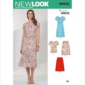 以下が含まれることがあります： ニット用New Look型紙N6626。花柄のトップスとスカートのセット、または無地のライトブルーのワンピースが作れます。型紙には、結び目のあるネックラインの半袖トップス、花柄のスカート、無地の赤いスカートのイラストが掲載されています。