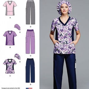 Puede incluir: Un patrón de costura para uniformes médicos, que incluye una blusa y pantalones, con un estampado floral y una opción de color sólido. El patrón también incluye un gorro. El número del patrón es 1020. Simplicity fácil de coser.