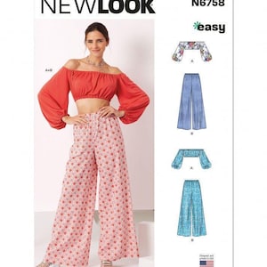 Puede incluir: Patrón de costura New Look N6758 para un top corto de hombros descubiertos con mangas largas y pantalones anchos. El patrón incluye ilustraciones del top y los pantalones con estampados florales y geométricos azules, con el texto N6758.