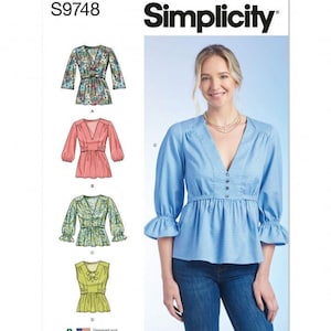 May include: Simplicity sewing pattern S9748 featuring four variations of a V-neck top with three-quarter length sleeves and a peplum waist. The pattern includes illustrations of floral and solid designs, with a blue version shown on the cover.