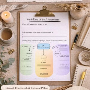 May include: A self-reflection worksheet titled "My Pillars of Self-Awareness" on a clipboard. The worksheet includes sections for personal triggers, symptoms, values, and passions. The image also includes a candle, pen, and notepad.