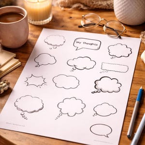 May include: A white sheet of paper featuring speech bubble designs, with the text "My Thoughts" in one. The image includes a lit candle, a cup of coffee, and glasses on a wooden table. Pens are also visible.