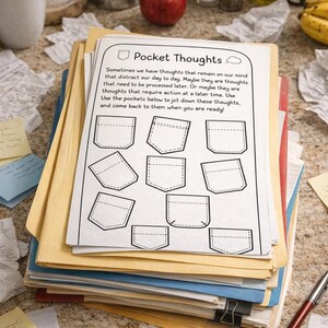 May include: A stack of file folders with a printed page titled "Pocket Thoughts." The page features outlines of pockets for jotting down thoughts. A red apple, coffee cup, and pen are also visible.