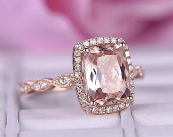 Cushion Morganite Engagement Ring,14k Rose Gold Halo Stacking Wedding Ring, Pink Morganite Cushion Promise Ring, Anniversary Ring For Gift
