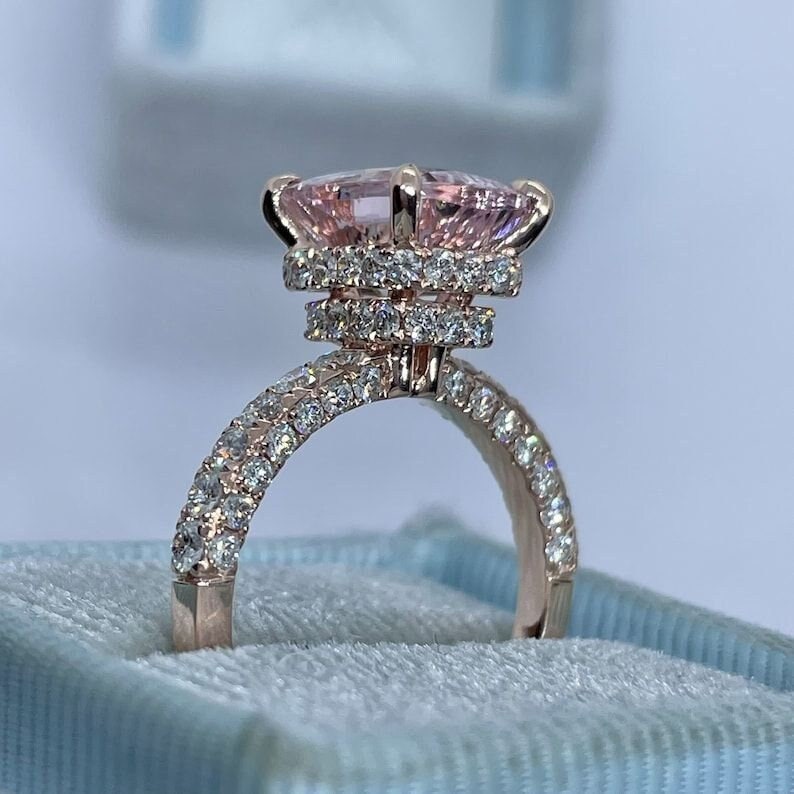 JeenJewels 4.75 Carat 10mm Cushion Morganite Ring 10k Rose gold diamond  Moissanite Engagement Ring Stacking band Halo Design