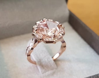 3.00 CT Cushion Cut Pink Morganite Engagement Ring, 14k Rose Gold Halo Wedding Ring, Half Eternity Promise Ring, Anniversary Ring For Gift