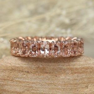 Oval Cut Eternity Band Morganite Ring, 18k Rose Gold Stacking Eternity Band Ring, Peachy Pink Gems Ring For Her, Anniversary Ring For Gift