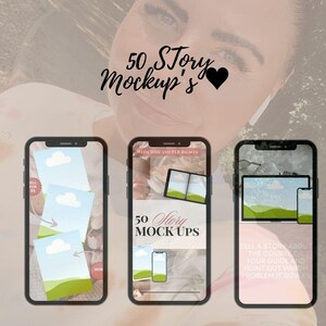 Könnte beinhalten: Drei Telefon-Bildschirm-Mockups mit einem grünen und blauen Landschaftshintergrund. Der Text auf den Mockups lautet "50 Story Mock Ups" und "Erzählen Sie eine Geschichte über den Kurs oder Ihren Leitfaden und zeigen Sie auf, welches Problem er löst".