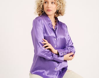 Premium 22 Momme Pure Silk Blouse / Office Lady Silk Blouse/ Professional Blouse /Long Sleeve Collared Silk Blouse /Purple / Light Champagne