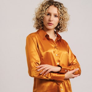 Pure Mulberry Silk Blouse 22 Momme Long Sleeve Collared / Office Lady Silk Blouse/ Professional Silk Blouse/L/Glaze Red / Gold